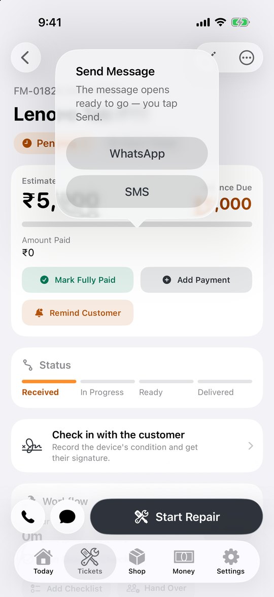 Send a message to the customer by WhatsApp or SMS