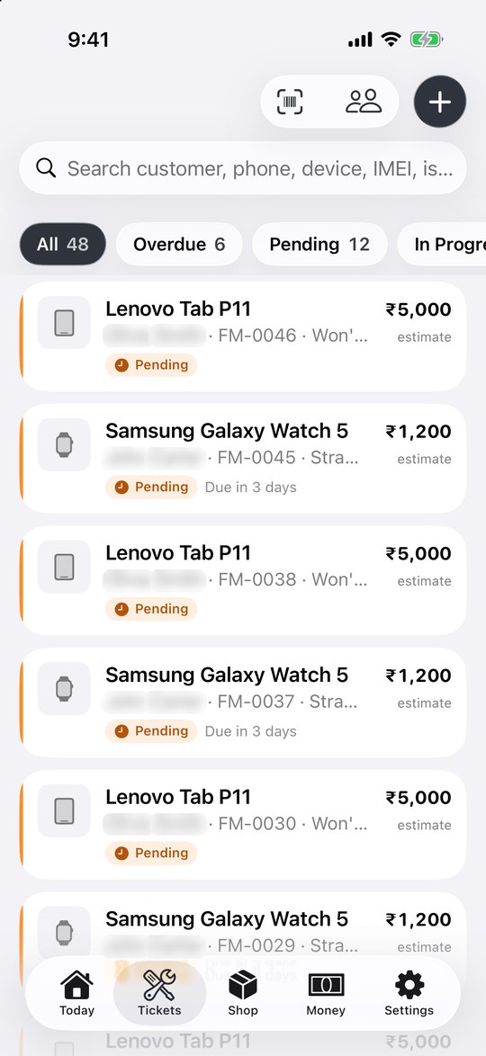 Ticket list with filters for pending and overdue repairs