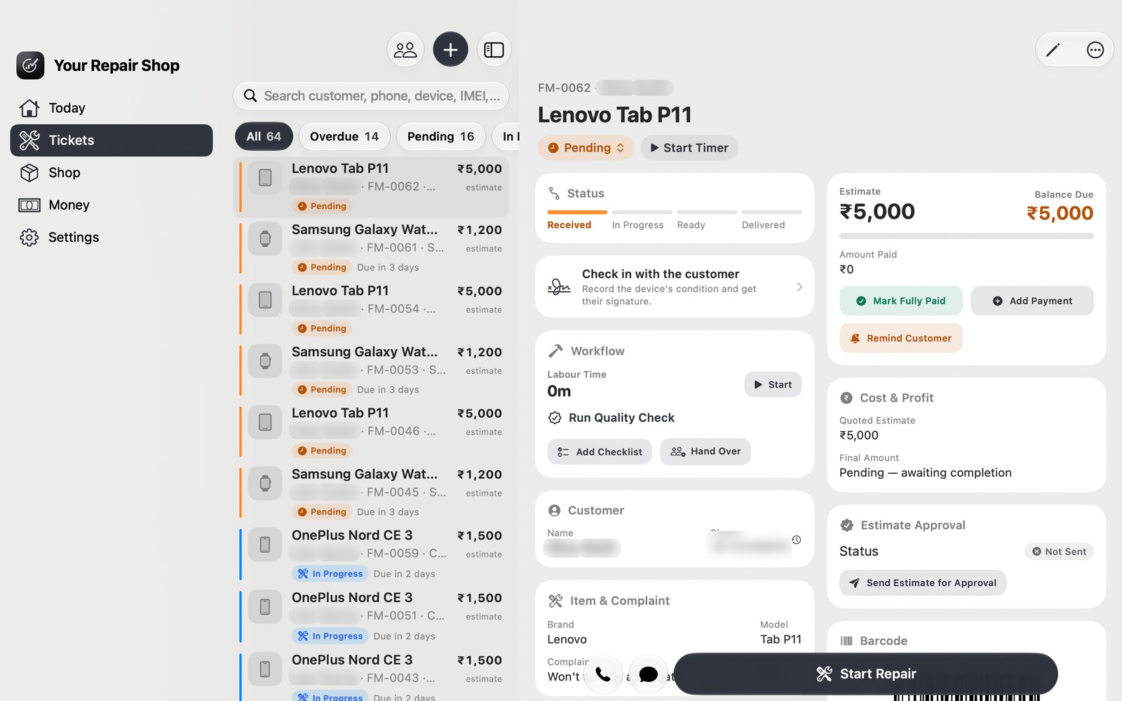 FixMate on Mac showing the ticket list and ticket details side by side